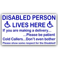 1 x Disabled Person Lives Here Sticker-External Window or Door Information Sign-Delivery/Sales-Mobility-Disability